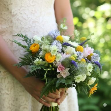 Ramo de flores silvestres coloridas sostenido por una persona con vestido blanco.